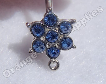 Anillos para ombligo con circonita cúbica y acero quirúrgico con flor azul, calibre 14