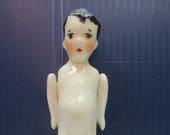 Vintage Porcelain Glazed Miniature Jointed Arms Boy Doll Hand Painted Face And Head