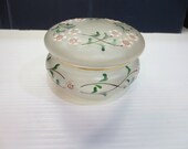 Antique Frosted Glass Trinket Box, Power Box Jar Enamel Flowers