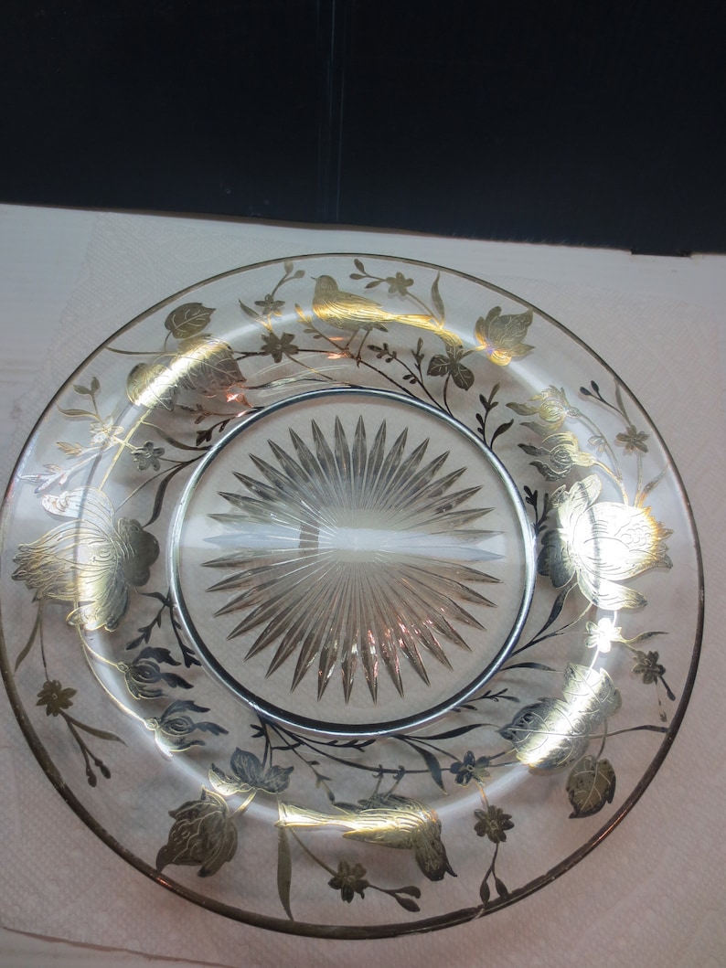 Antique Silver Overlay Glass Plate Decorated Serving Plate