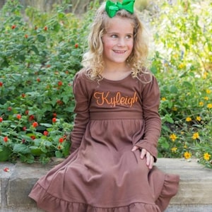 Girls Monogram Dress Long Sleeve, Personalized dress, Toddle Winter Outfit, Girls Dresses, Monogrammed Dress, Girls Fall Outfit Brown