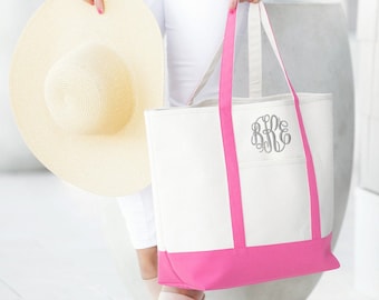 Pink Embroidered Tote Bag, Monogram Tote Bag, Bridesmaid Tote Bag, Bridal Party Totes, Wedding Bag, Monogram Beach Bag, Monogrammed Tote