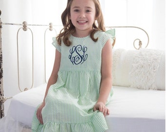 Girls Monogram Dress, Seersucker Dress, Ruffle Short Sleeve Personalized Dress, Back to School Outfit, Monogram Seersucker Dress, Girl Dress