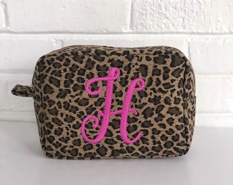 Monogrammed Cosmetic Bag, Leopard Print Cosmetic Bag, Monogrammed Make Up Bag, Bridesmaid Gift, Monogram Make Up Bag, Cosmetic Pouch, Case