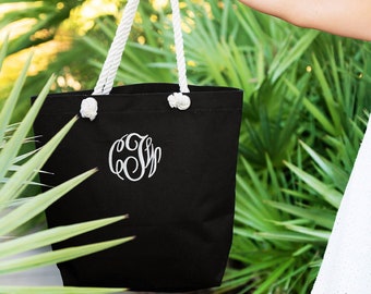 Embroidered Tote Bag, Monogrammed Beach Bag, Black Monogram Tote, Monogram Beach Tote, Embroidered Tote, Monogrammed Tote