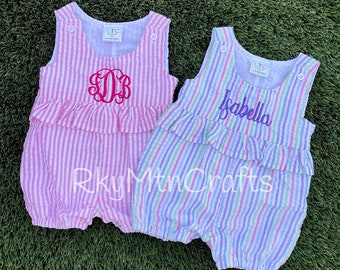 Girls Romper, Monogram Romper, Seersucker Romper, Monogram Bubble, Monogrammed baby bubble, Monogram bodysuit, Monogrammed bodysuit