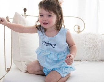 Girls Romper, Monogram Romper, Seersucker Romper, Monogram Bubble, Monogrammed baby bubble, Monogram bodysuit, Monogrammed bodysuit