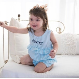 Girls Romper, Monogram Romper, Seersucker Romper, Monogram Bubble, Monogrammed baby bubble, Monogram bodysuit, Monogrammed bodysuit