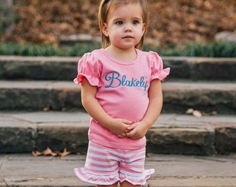 Girls Monogram Outfit, Girls Two Piece Monogram Outfit, Baby Girl Outfit, Girls Summer Outfit, Monogram Shirt and Short Set, Spring Outfit