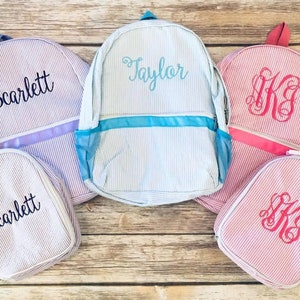 Sac à dos monogramme, sac à dos personnalisé, sac à dos Seersucker, sac de livre personnalisé, sac de livre Monogram Seersucker, sac à dos de retour à l'école