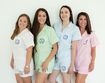 Personalized Pajamas, Womens Short Sleeve Pajama Set, Monogram Pajamas, Monogrammed Pjs, Monogrammed Seersucker Pajama Set, Bridesmaid Pjs