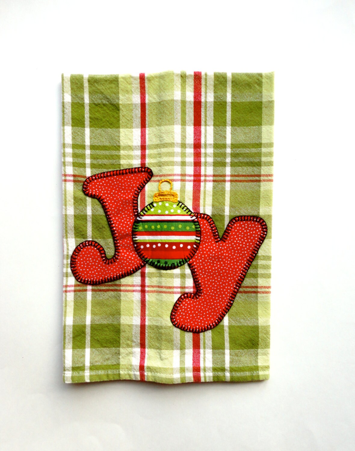 Christmas tea towel Olga - natural w/red stripes across main image 1
