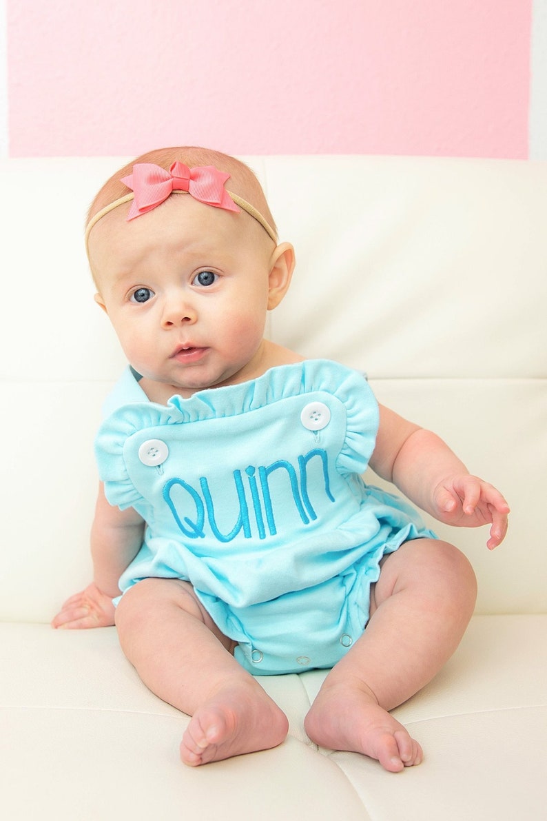 Girls Sunsuit, Girls Monogram Romper, Monogram Bubble, Ruffle Romper, Monogram Sunsuit, Monogramme Baby Bubble, Personalized Sunsuit, Aqua