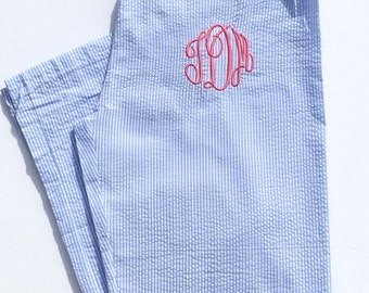 Monogrammed Seersucker Pajama Pants, Monogram Pajamas, Monogram Seersucker Pajama Pants, Monogram Pajama Pants, Monogram Pj, Pink Seersucker