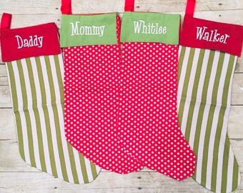 Personalized Christmas Stockings, Polka Dot Monogram Christmas Stocking, Red and Green Striped Christmas Stocking, Christmas Decor