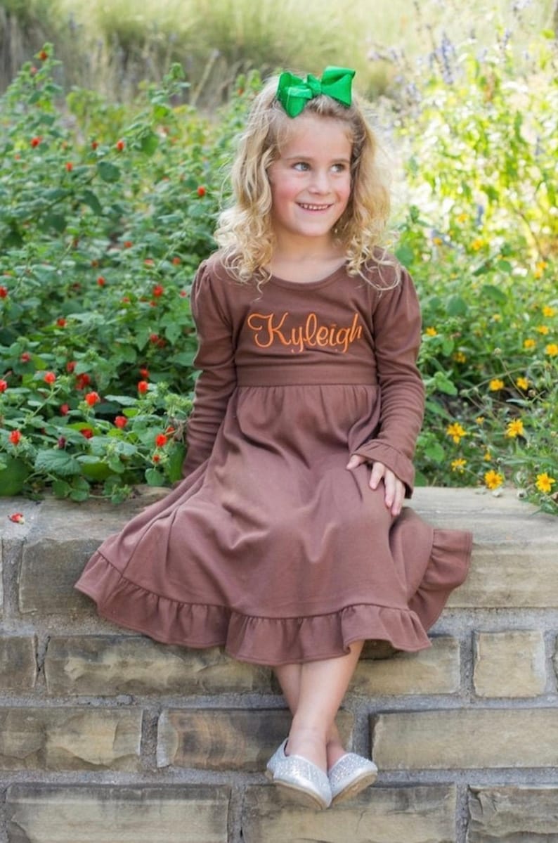 Girls Monogram Dress Long Sleeve, Personalized dress, Toddle Winter Outfit, Girls Dresses, Monogrammed Dress, Girls Fall Outfit Brown