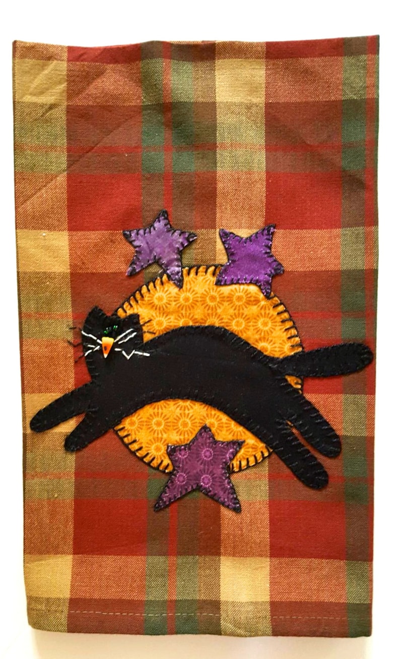 Halloween Kitchen Towel, Cat Kitchen Towel, Halloween Applique Tea Towel, Fall Kitchen Towel, Fall Applique Tea Towel, Halloween Applique image 1