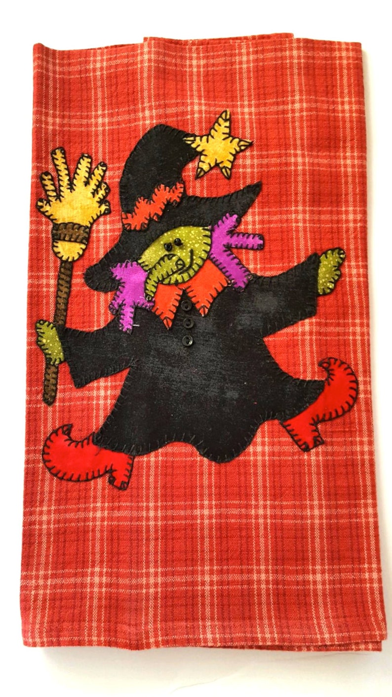 Halloween Kitchen Towel, Halloween Applique Kitchen Towel, Halloween Applique Tea Towel, Witch Applique, Fall Kitchen Towel, Witch Tea Towel image 1