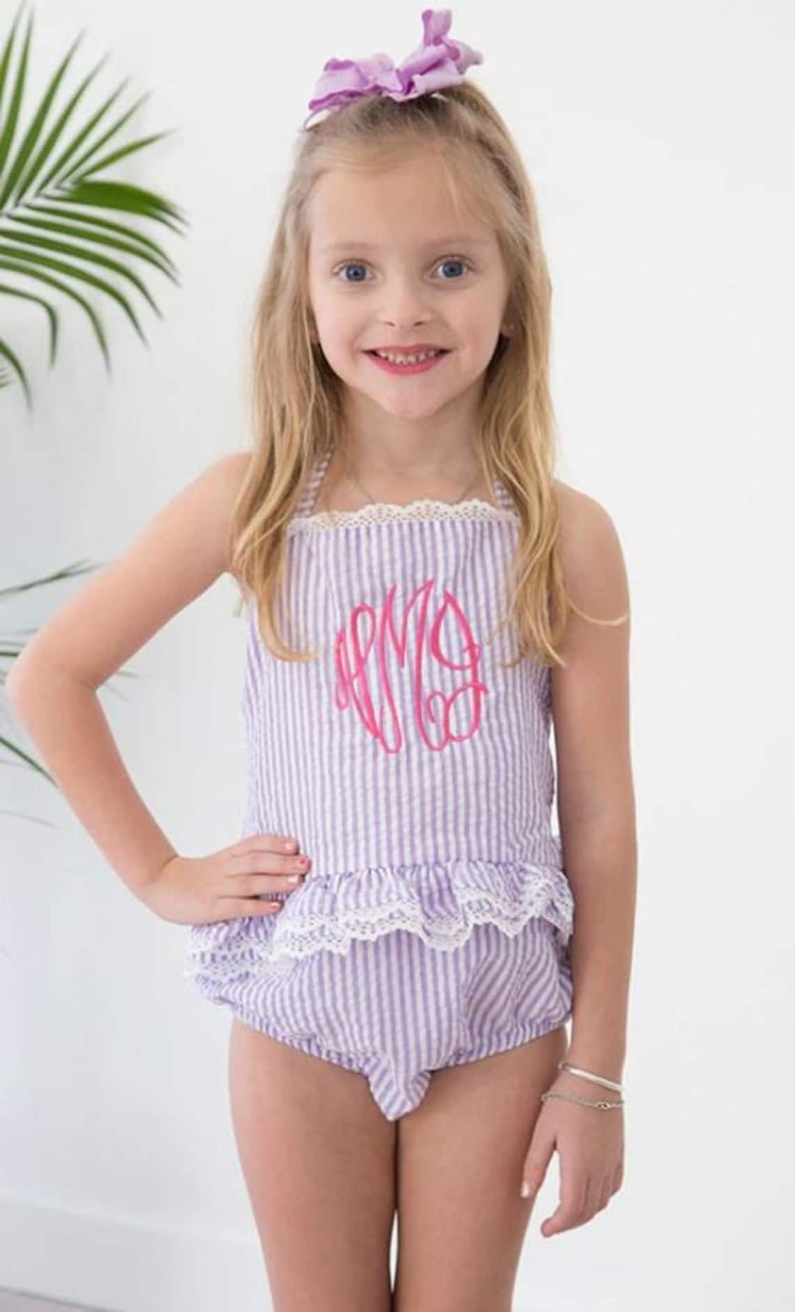 Girls Monogram Swimsuit Monogram Seersucker Swimsuit Etsy Ireland