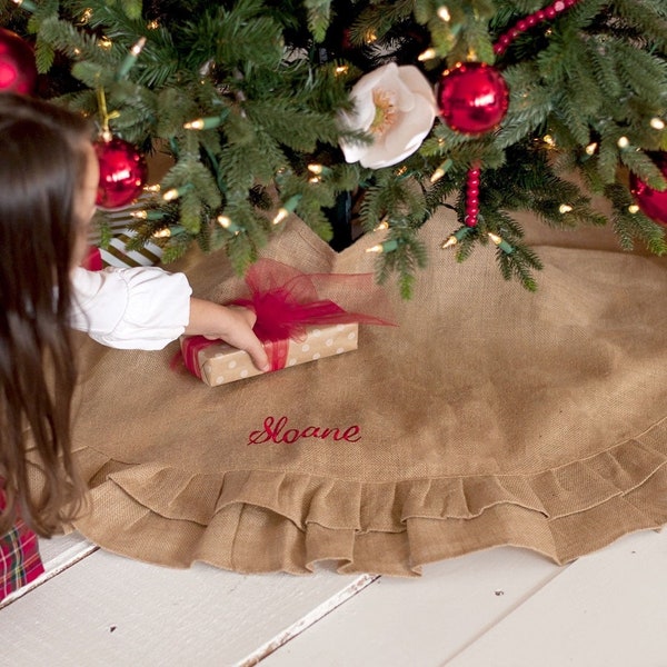 Personalized Burlap Christmas Tree Skirt, Monogram Christmas Tree Skirt, Red and Green Striped Tree Skirt, Polka Dot Christmas Tree Skirt