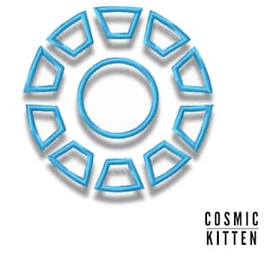May include: A blue iron man arc reactor symbol with a white background. The symbol is a circle with a smaller circle in the center and eight smaller circles around the outer edge.