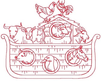 Bloc de courtepointe arche de Noé Redwork 4 - motif de broderie machine en 3 tailles