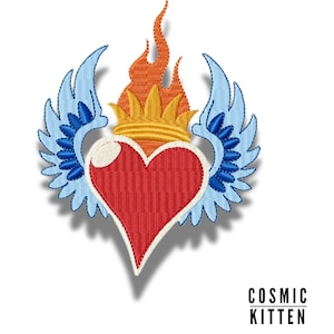 Tattoo Style Sacred Heart Embroidery Design: Winged Flaming Heart (Instant Download)