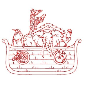 May include: Red embroidered design of Noah's Ark with pairs of animals, including giraffes, elephants, zebras, rabbits, penguins, and a rooster. The ark is detailed with a roof and a curved hull, all on a white background.