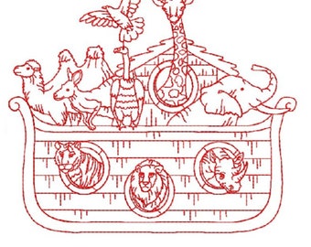 Bloc de courtepointe arche de Noé Redwork 10 - motif de broderie machine en 3 tailles