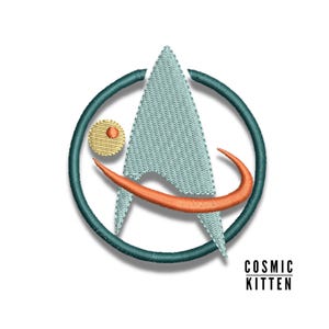 May include: Embroidered patch with a teal blue circle, a teal blue and orange stylized spaceship, and a yellow circle with a red dot. The text "COSMIC KITTEN" is below the patch.