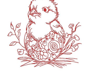 Poussin de Pâques Redwork en 2 tailles - motif de broderie Machine - téléchargement immédiat