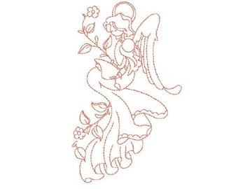 Redwork Floral Angel 1 - Continuous Stitch Redwork - Machine Embroidery Design in 4 sizes