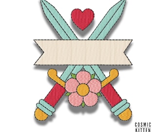Motif de broderie style tatouage : épées croisées, coeur, fleur (téléchargement instantané)