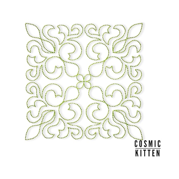 May include: A green floral design with a repeating pattern of swirls and leaves. The design is outlined with a dotted line. The text "COSMIC KITTEN" is at the bottom of the image.