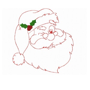 May include: Red line drawing of Santa Claus's face with a winking eye and a holly sprig on his hat.