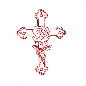 REDWORK Cross with Rose - Bluework - Machine Embroidery Design in 2 sizes - INSTANT DOWNLOAD