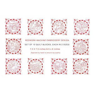 Può includere: Set di 10 blocchi di trapunta da ricamo a macchina in punto croce rosso, ognuno in due dimensioni: 19,1 x 19,1 cm e 15,2 x 15,2 cm. I disegni presentano varie scene di fattoria, tra cui un gallo, un mulino a vento, un carro e un'oca.