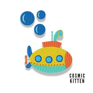 May include: A yellow submarine with three portholes, an orange top, and a green periscope. The submarine is surrounded by three blue bubbles.