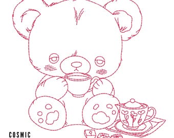 Ours en peluche Redwork Tea Time - 3 tailles - motif de broderie Machine - téléchargement immédiat