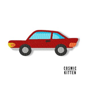May include: Red cartoon car with black wheels and a blue windshield. The car has a white stripe along the bottom.