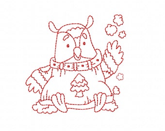 Redwork Winter Owl 1 - Machine Embroidery Design in 2 sizes - INSTANT DOWNLOAD