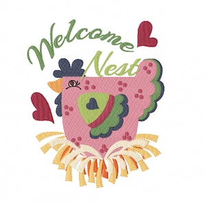 Chicken WELCOME Nest ~ Filled Embroidery Design in 2 sizes - Instant Download ~ Welcome Friends to my Home