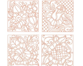 Redwork Rose Quilting Blocks Set of 4 - Machine Embroidery Designs in 4 sizes