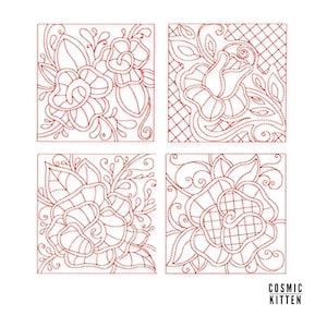 Op de afbeelding: Vier vierkante ontwerpen met ingewikkelde bloemmotieven met een rode omtrek. De ontwerpen zijn allemaal verschillend, maar hebben een vergelijkbare stijl. De ontwerpen zijn op een witte achtergrond.