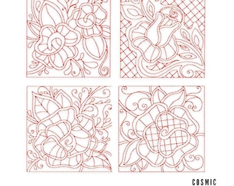 Redwork Rose Quilting Blocks Set of 4 - Machine Embroidery Designs in 4 sizes