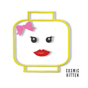 May include: A yellow Lego-style head with a pink bow, black eyes, and red lips. The head is outlined in yellow.