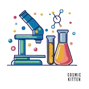 May include: An embroidered design featuring a blue microscope, two beakers with yellow and orange liquids, and a molecular structure. Colorful dots and the text "COSMIC KITTEN" complete the science-themed illustration.