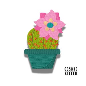 May include: A green cactus with a pink flower on top, in a teal pot. The cactus has orange spines and the flower has a yellow center.