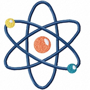 May include: A blue atom model with three orbiting electrons. The center of the atom is orange, one electron is yellow, and the other two are teal.