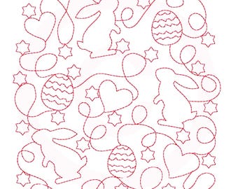 Lapin de Pâques Redwork courtepointe pointillé 4 tailles - motif de broderie Machine - téléchargement immédiat